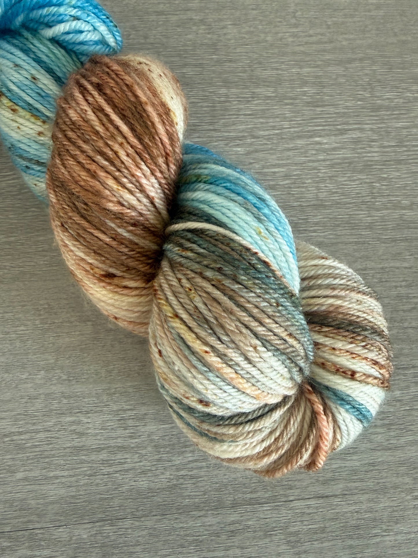 Hand-dyed variegated merino wool yarn in robins egg blue, caramel, and brown speckles. Ethically sourced.