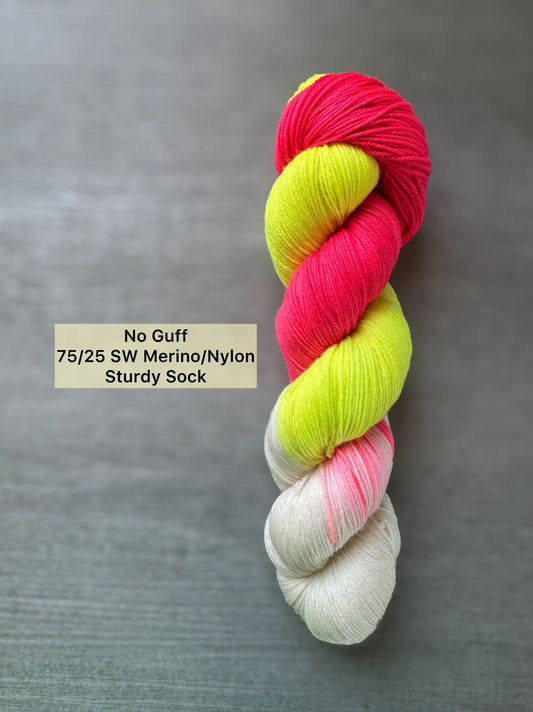 Multicolored red and yellow neon skein of yarn on a gray background with product details.