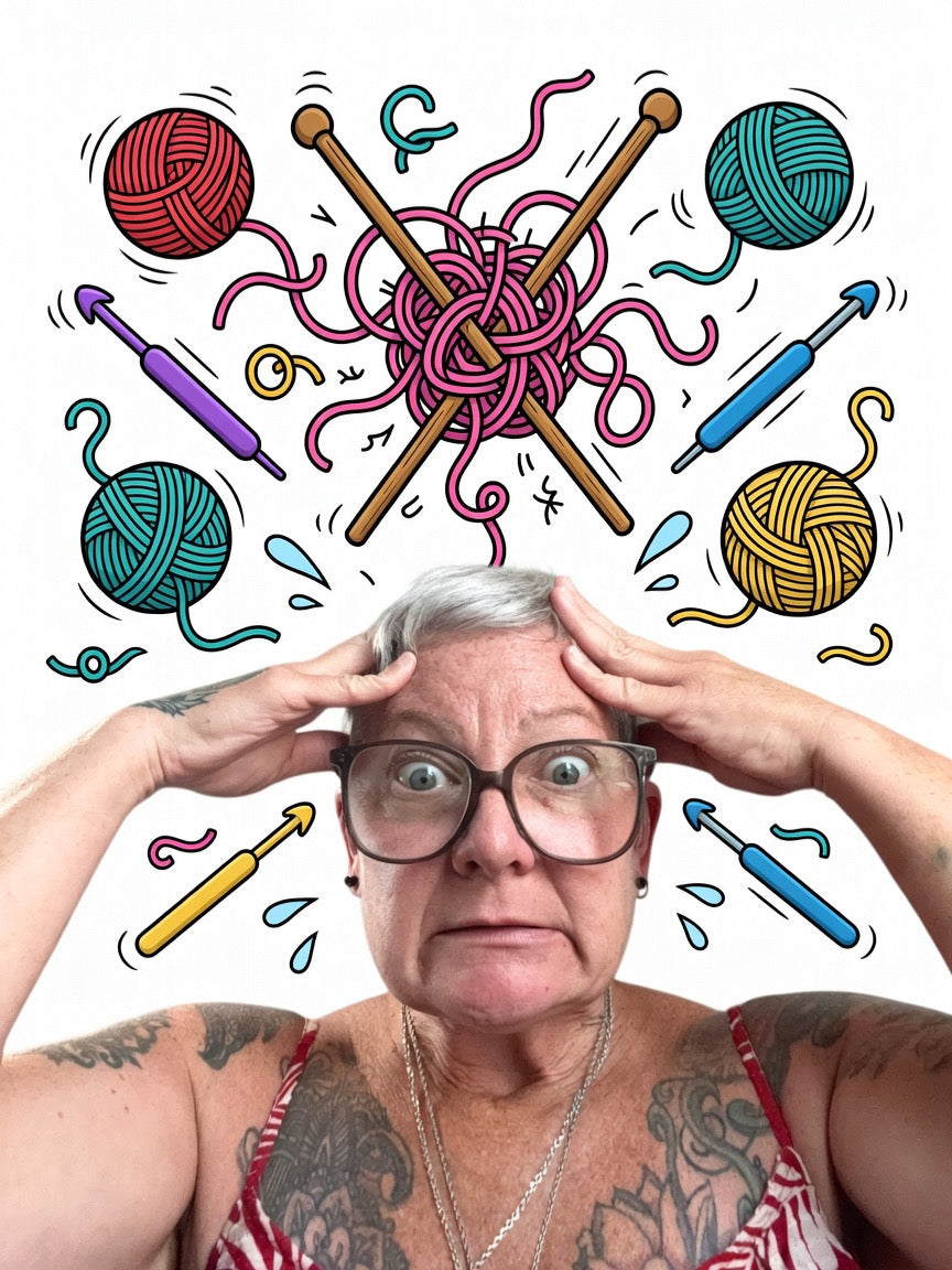 A person with cartoon yarn and knitting needles around their head, looking stressed because they are under tension and it is affecting their knitting project