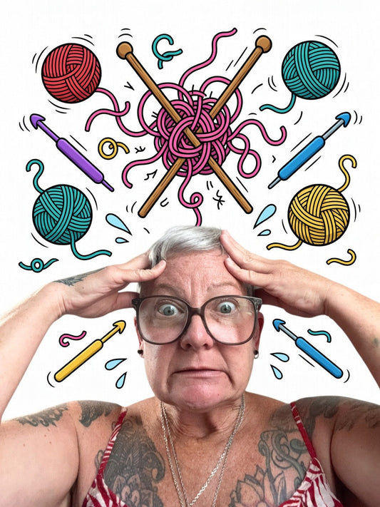 A person with cartoon yarn and knitting needles around their head, looking stressed because they are under tension and it is affecting their knitting project