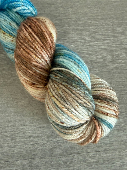 Hand-dyed variegated merino wool yarn in robins egg blue, caramel, and brown speckles. Ethically sourced.