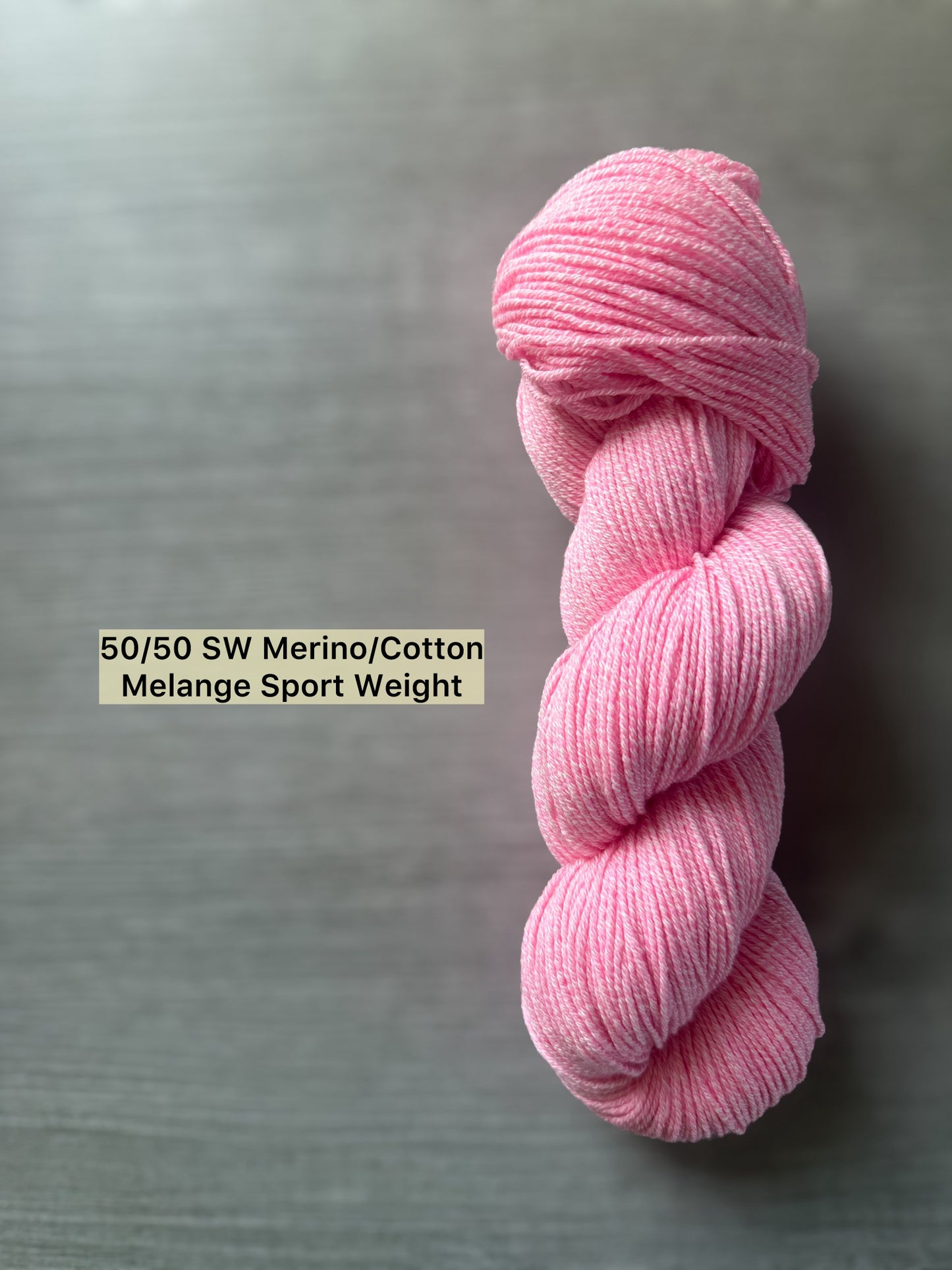 Bubble-gum pink hand-dyed sport weight yarn, ethically sourced 50/50 SW Merino/Cotton melange.