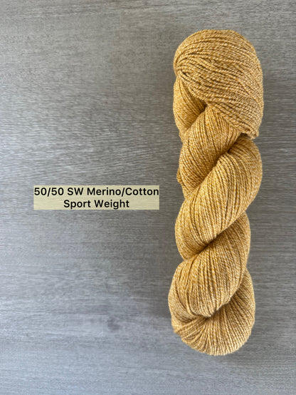 Golden yellow "None Of Your Beeswax" hand-dyed 50/50 SW Merino/Cotton sport weight yarn skein.